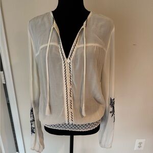 Abbeline Cream and Navy Blue Embroidered Blouse